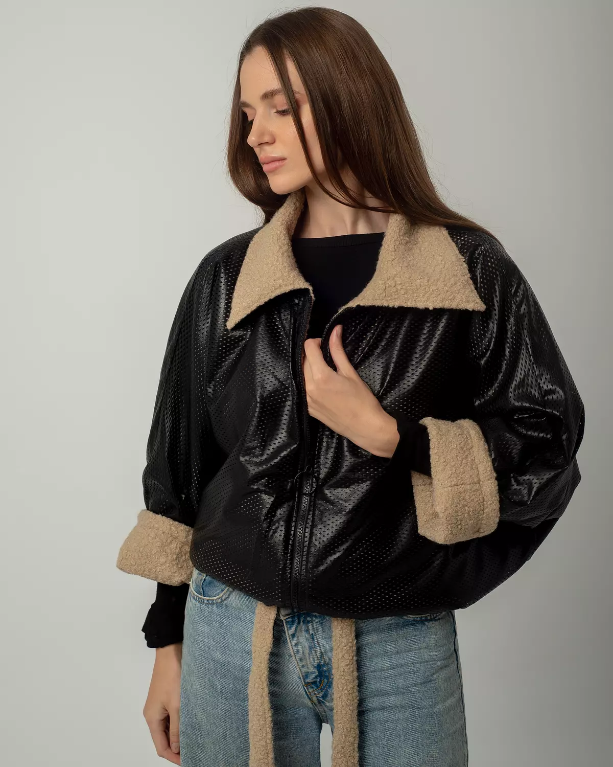 Black Leather Jacket with Beige Wool 2