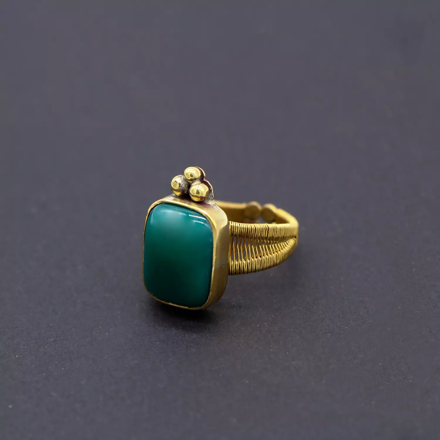 Brass ring with green agate gemstone. hover image