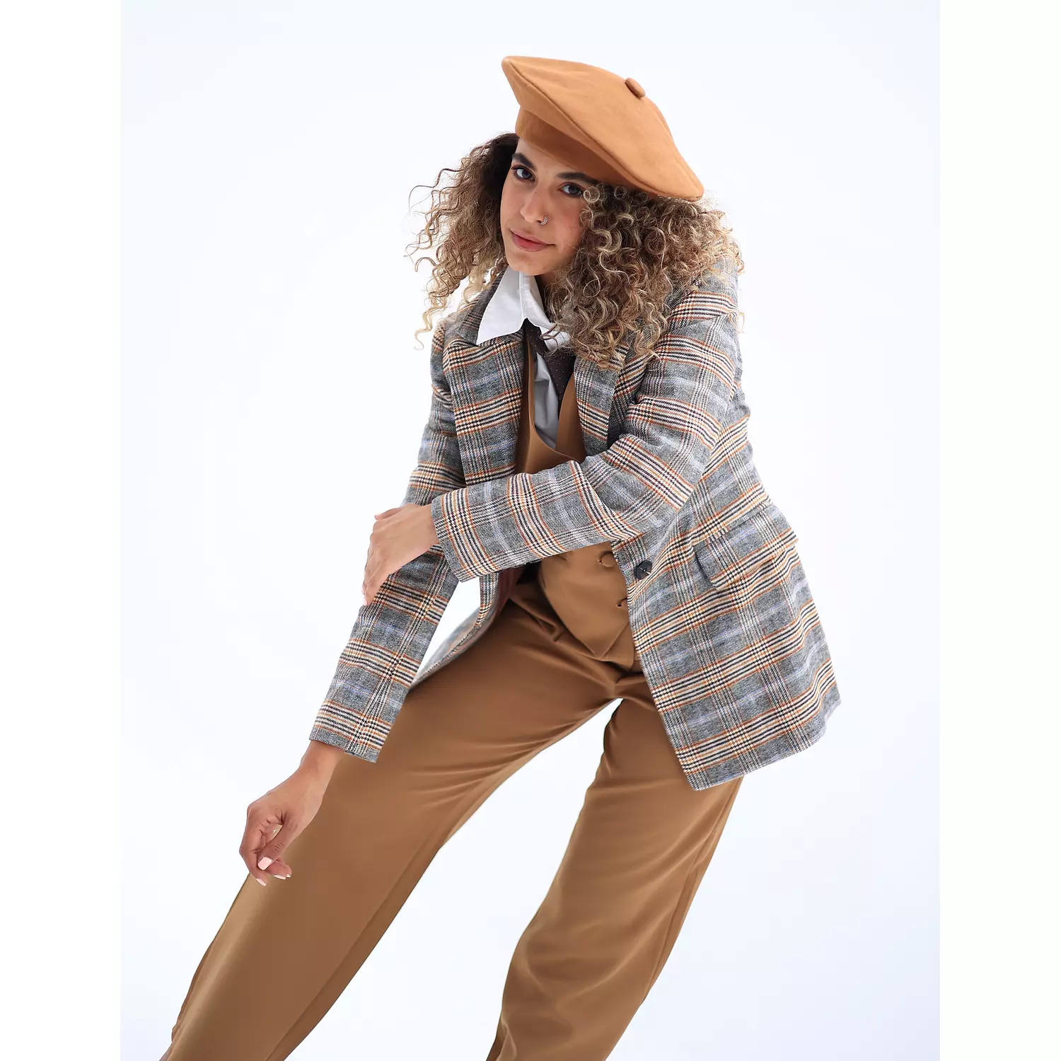 Gray with caramel & brown checked blazer  6