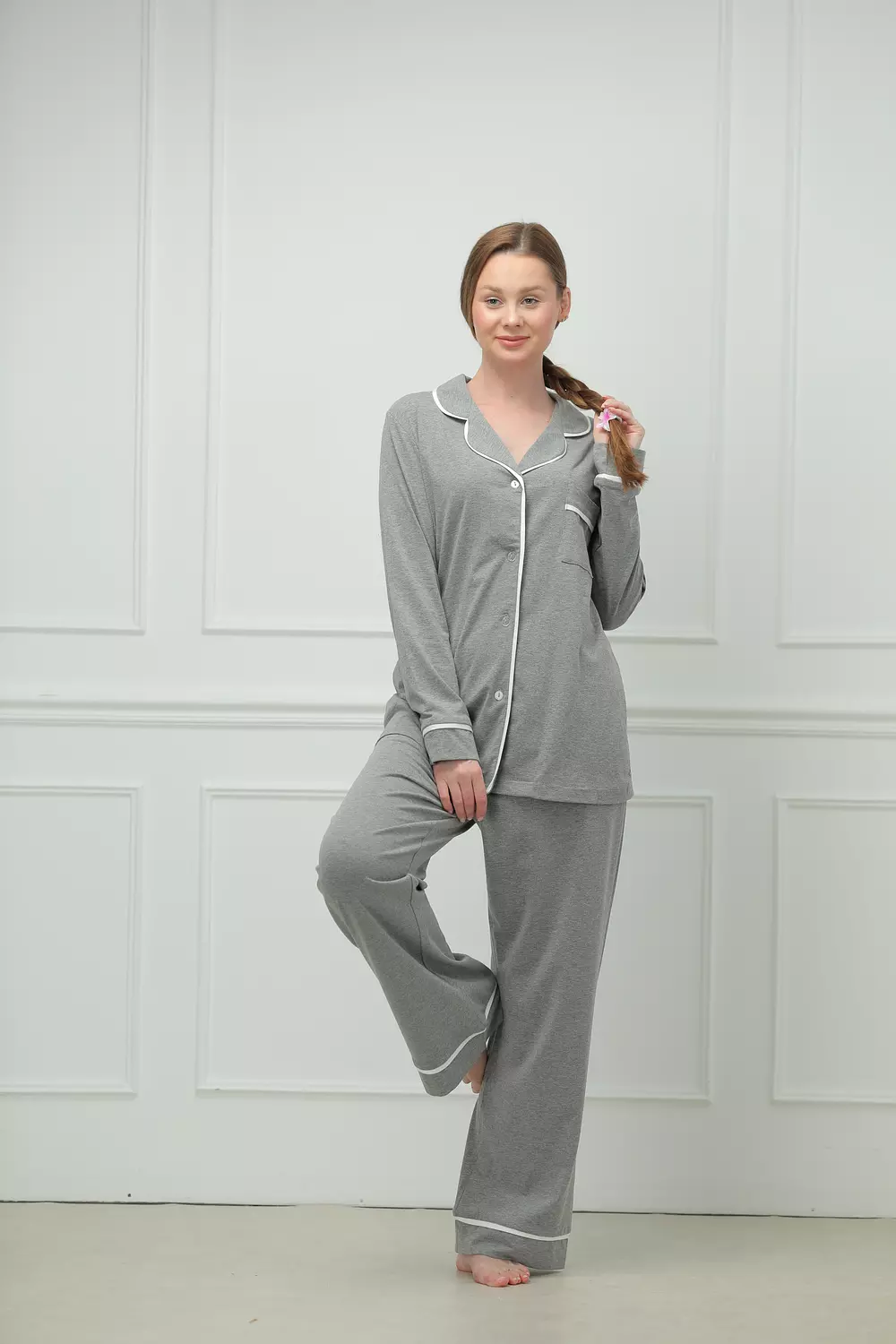 Cozy Button-Front Grey Pajamas 1