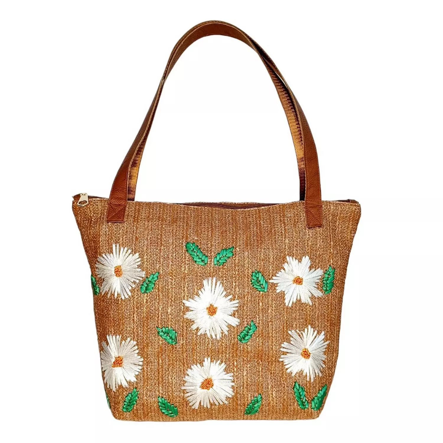 Camel straw and camel leather with white flowers embroidery ( A.13-10) hover image