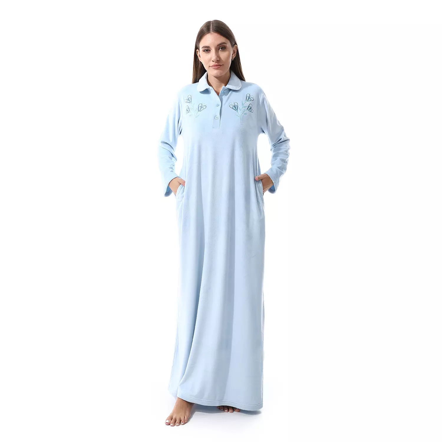 Shorto Collar Fleece Flower Embroidery Nightgown - Baby Blue - 2645  hover image