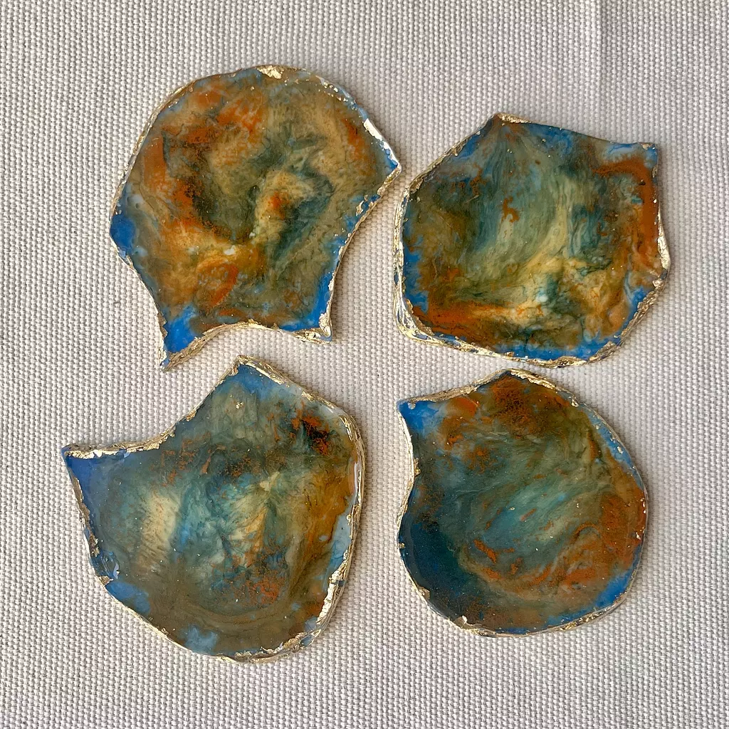 Blue/ Orange Agate Coasters With Gold Edges