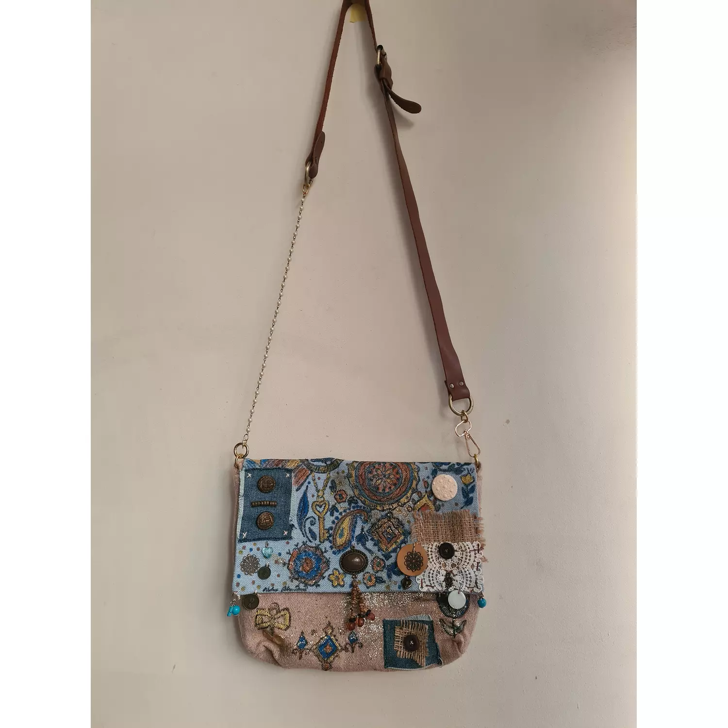 Mixed media fabric bag with genuine leather long strap 4