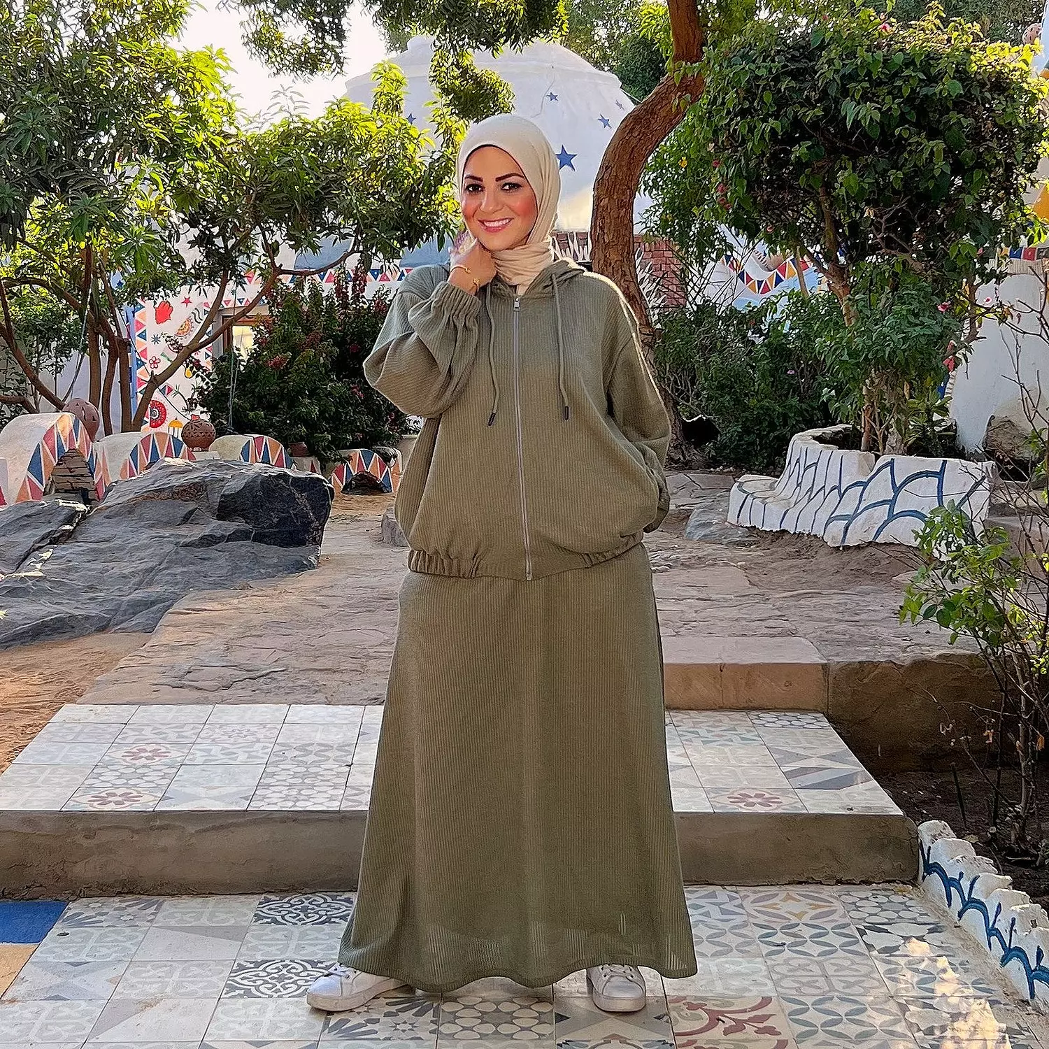 Hijab Ribbed Skirt Set- Olive hover image