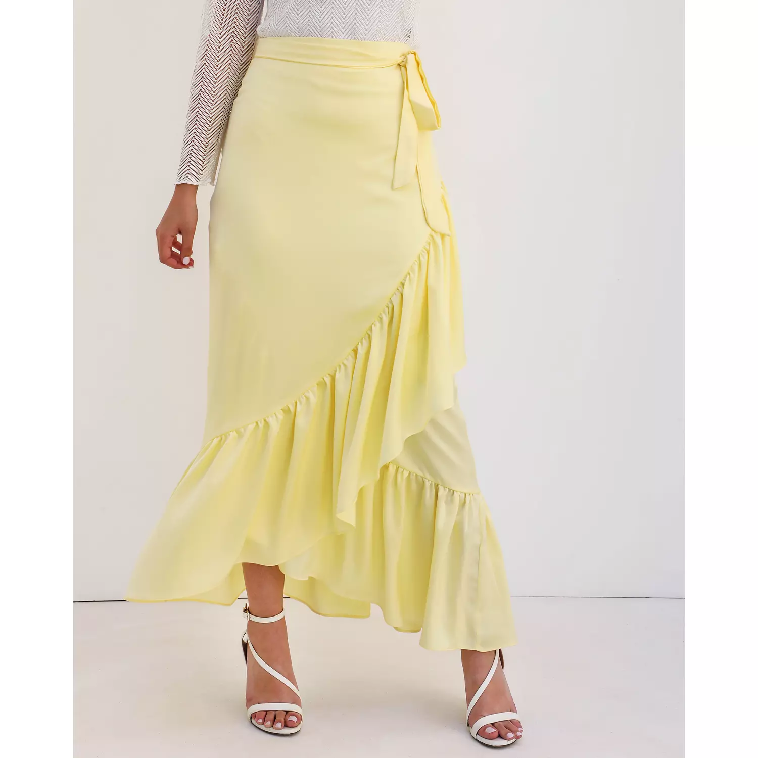 Silky wrap skirt in pastel yellow hover image