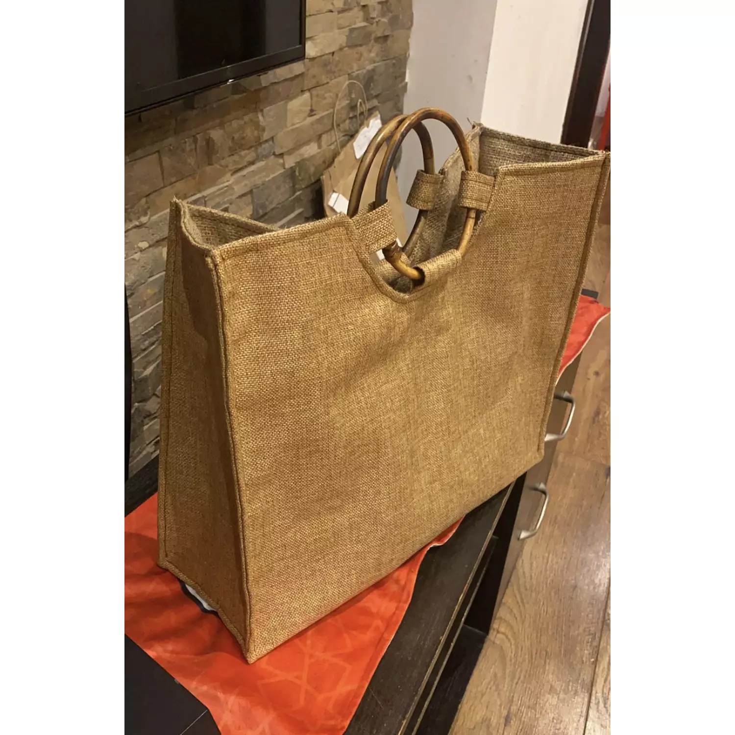 Burlap Plain Tote Wood Handles 4