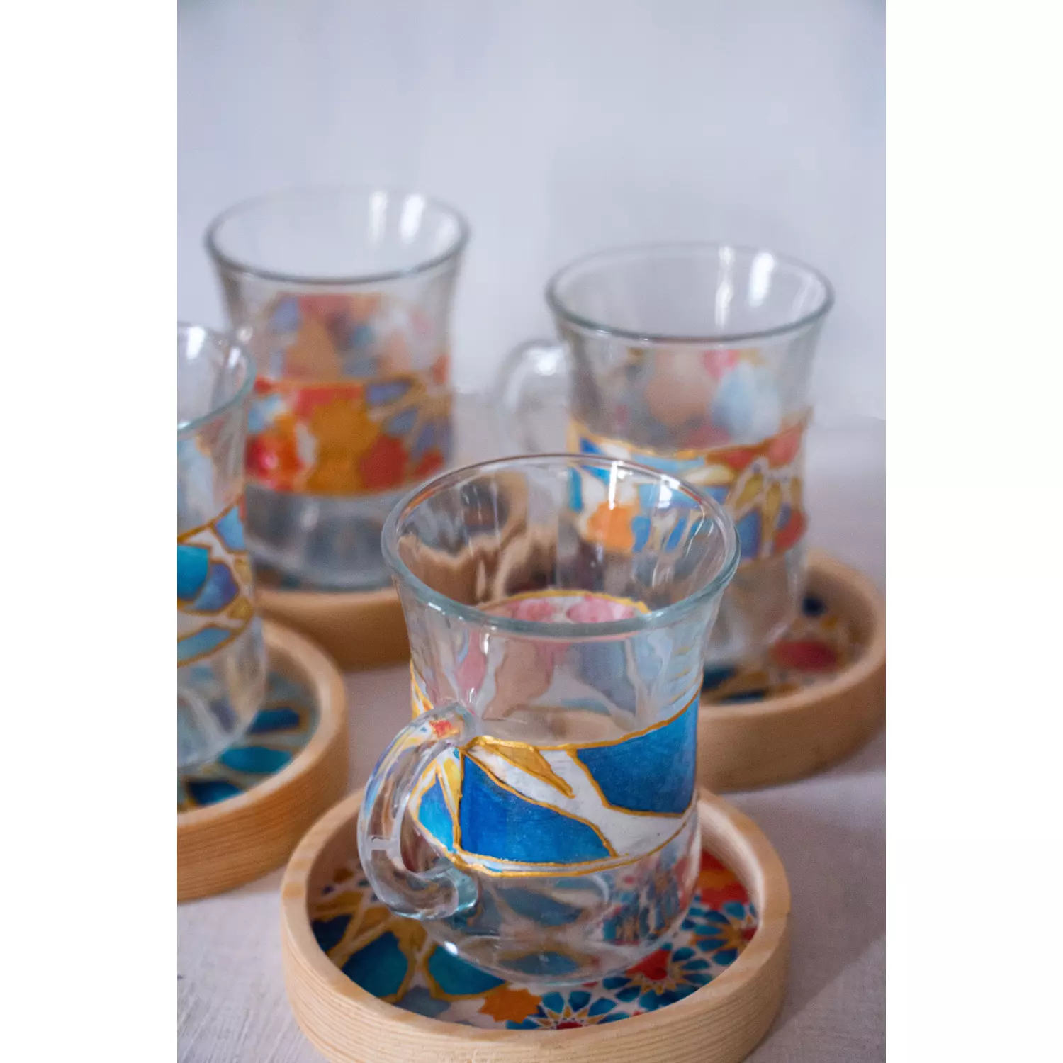 Blue Islamic Stars Glass Cup Wooden Coaster-per piece 8