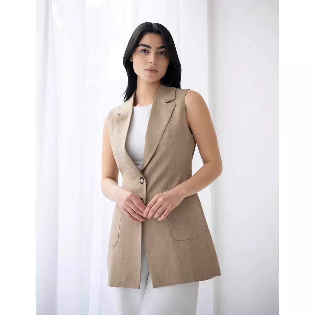 Golden beige long linen vest 