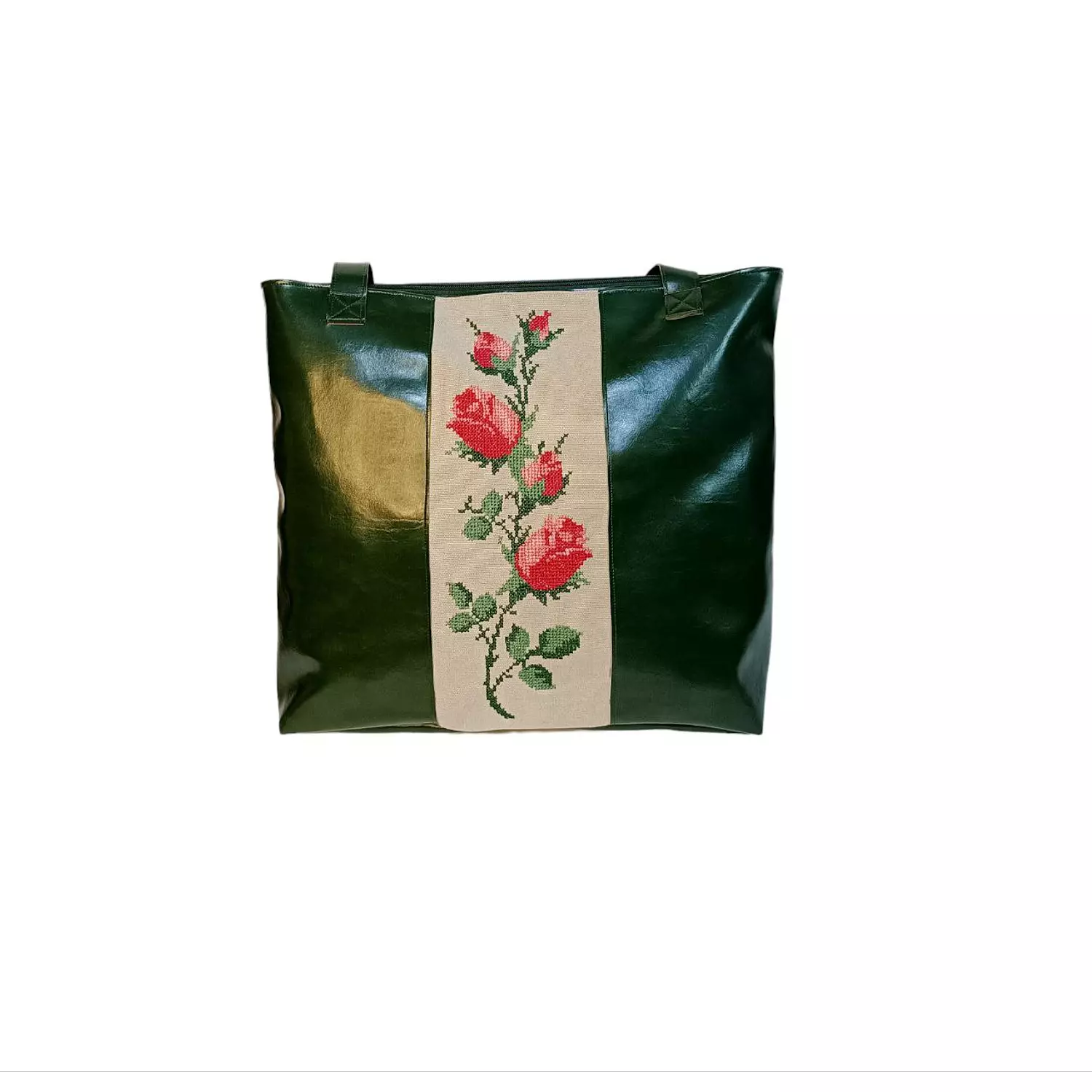 olive leather tote bag with flowers embroidery (A.17-18) 1