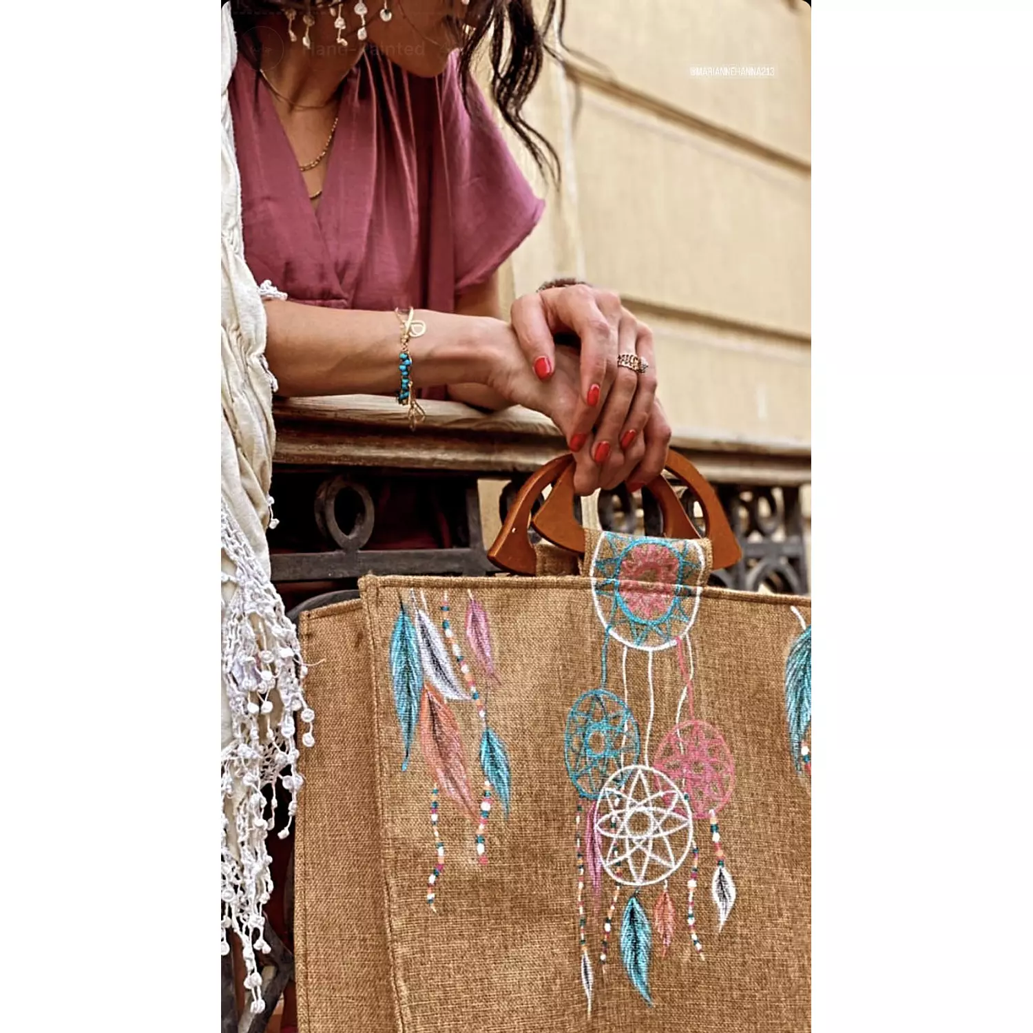 Dream-Catcher Hand-Painted Burlap Tote by Order 7