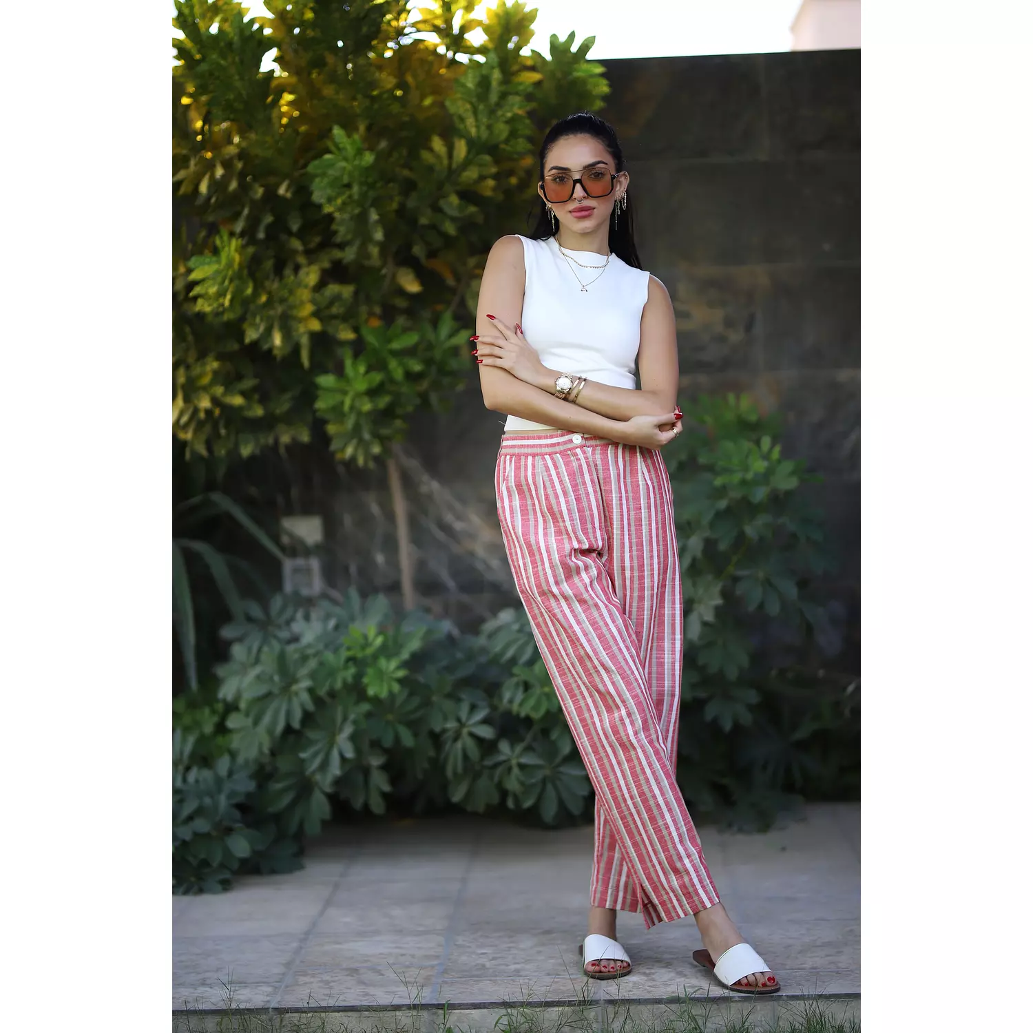 Stripped Linen Pants- Red Nude 2