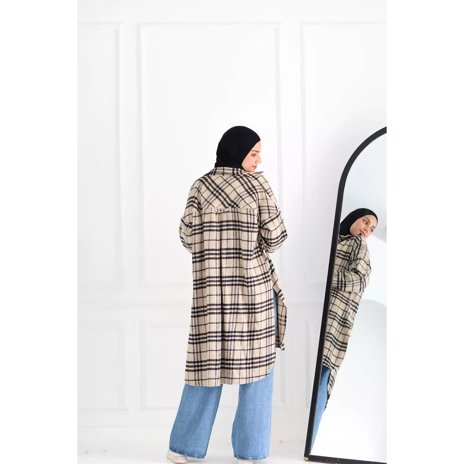 Beige Checkered Oversize Shirt 5