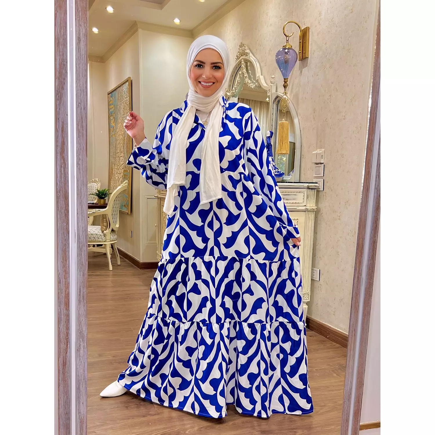 Long Sleeve Over Sized Printed Dress - Blue hover image