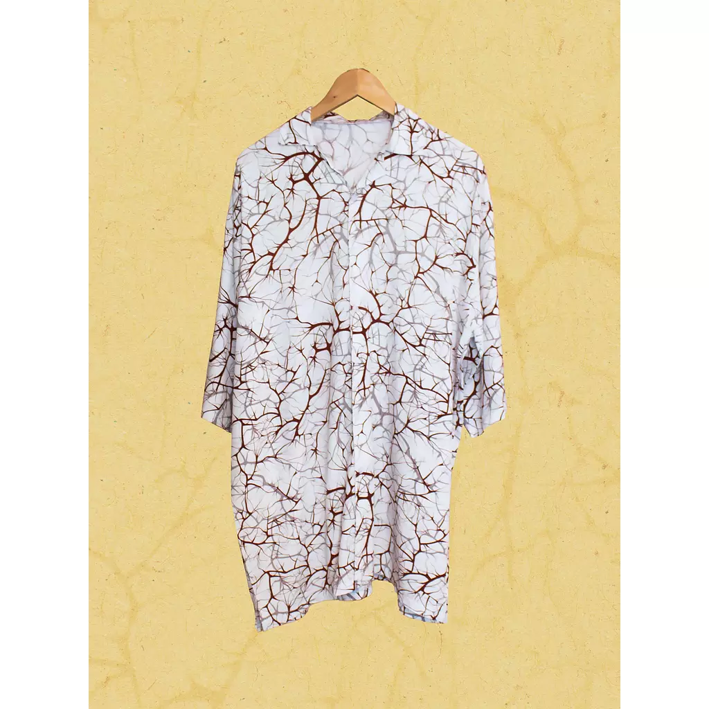 Loosefit White with Vines Pattern Viscose Shirt