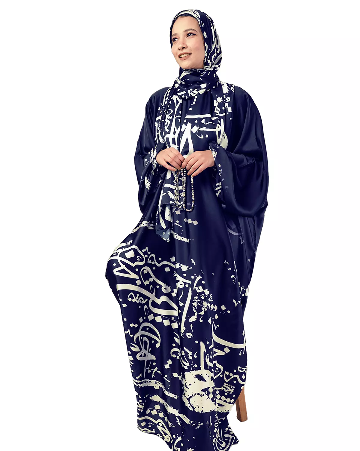 Satin Isdal with seperate scarf-Dark Blue -Arabic caligraphy 0