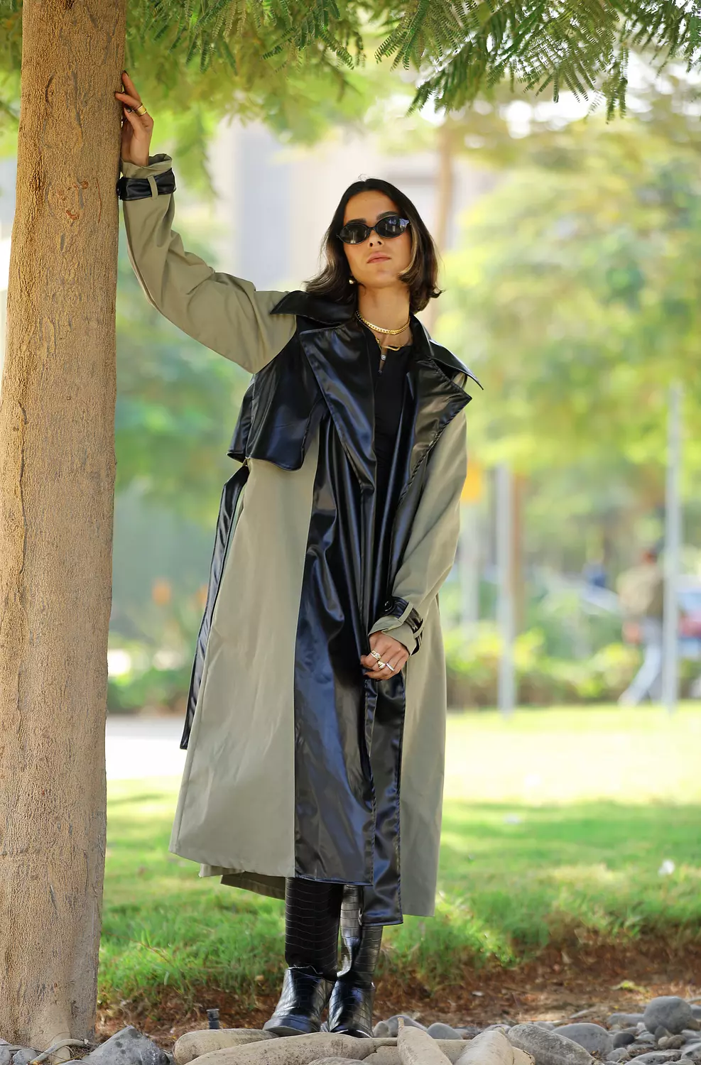 Olive x black leather trench coat  3