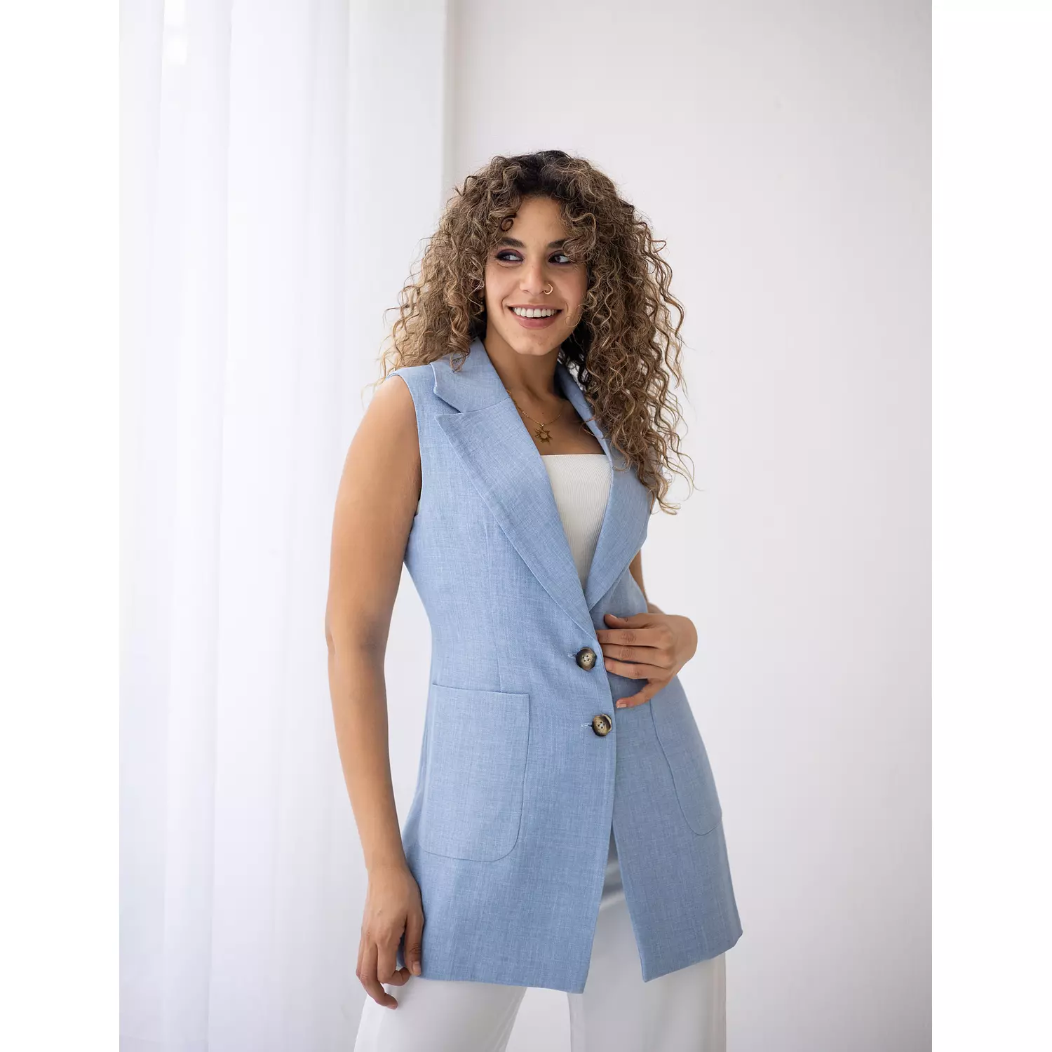 Sky blue long linen vest  hover image