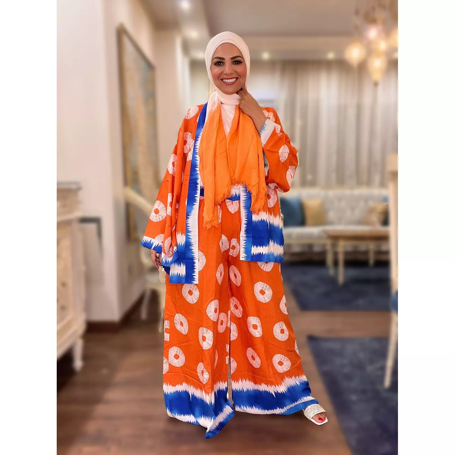 Printed Summer Suit (Kimono + Wide-leg Pants)- Blue & Orange hover image