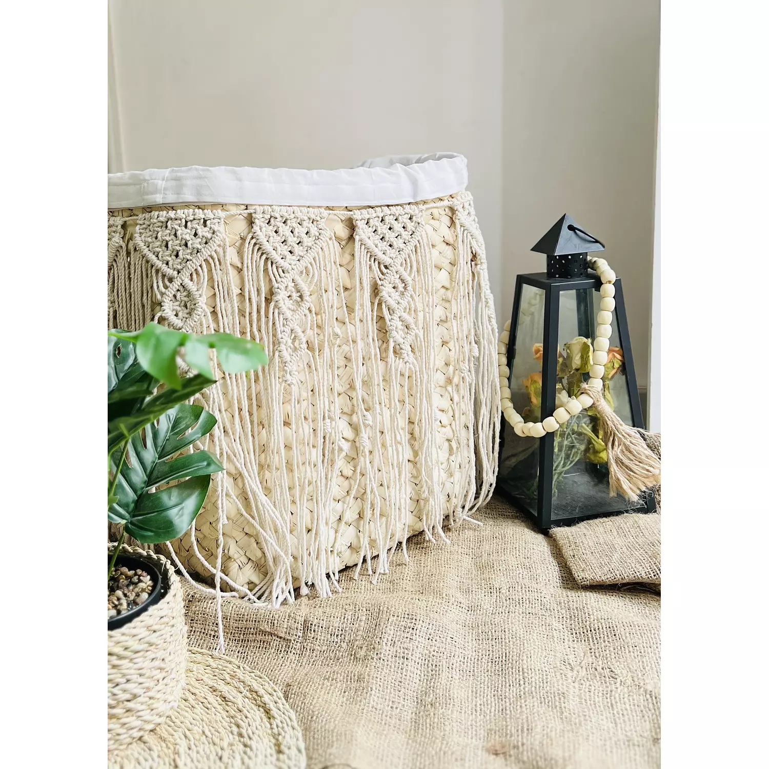 Wicker laundry basket with macrame  hover image