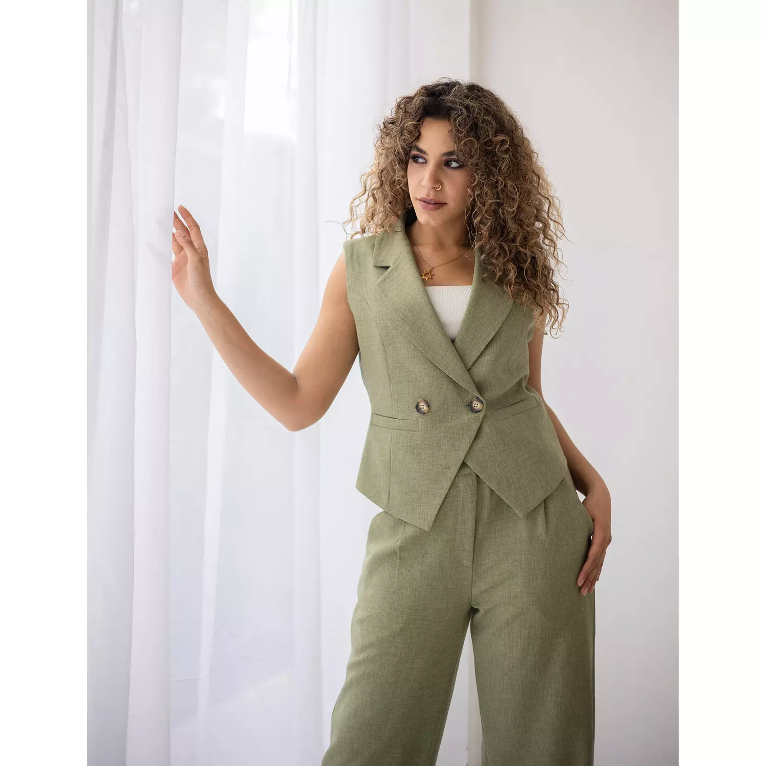 Vineyard green linen double breasted cropped vest  hover image