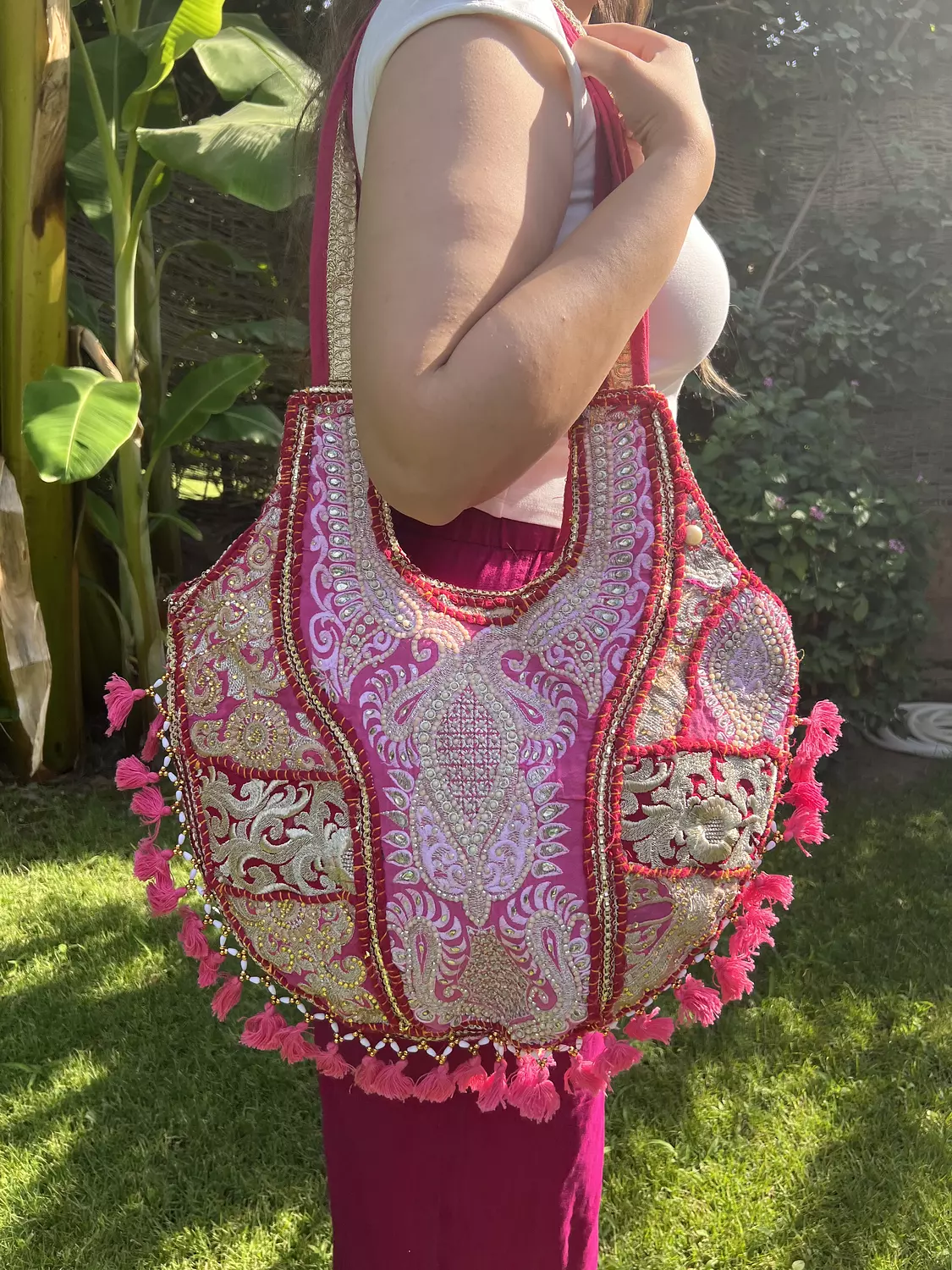 Circular indian Boho bag - Pink/White double face  5