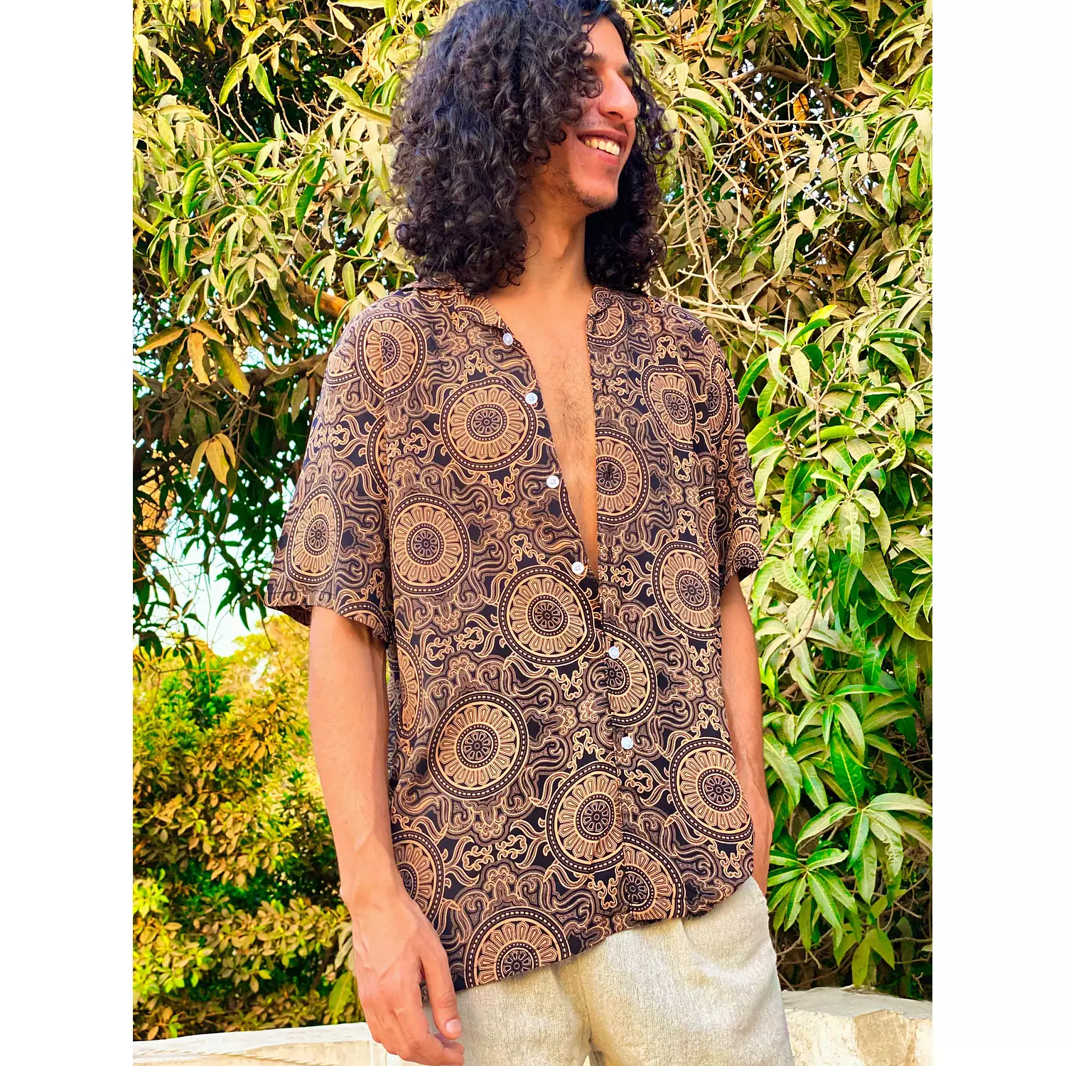 Loosefit Brown Patterned Viscose Shirt hover image