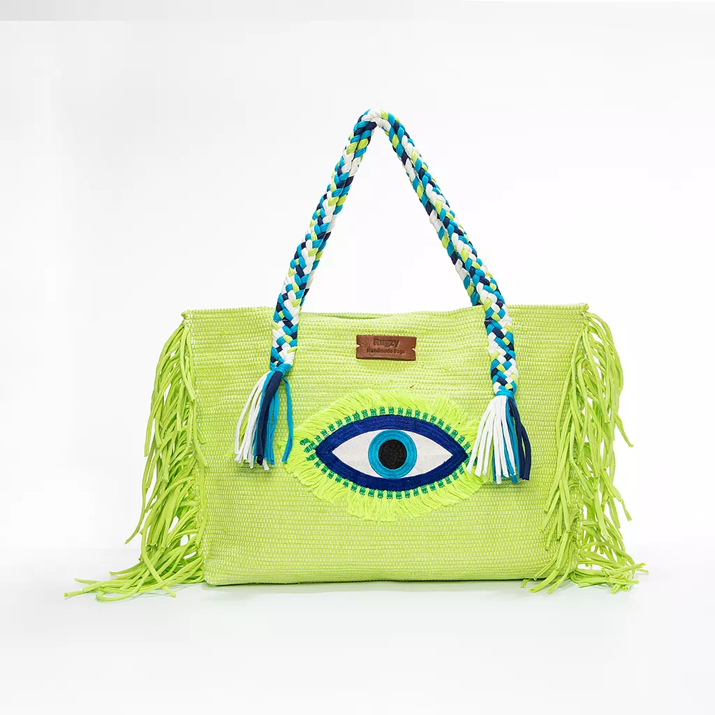 Lime Green Kilim Tote Bag with Evil Eye Badge