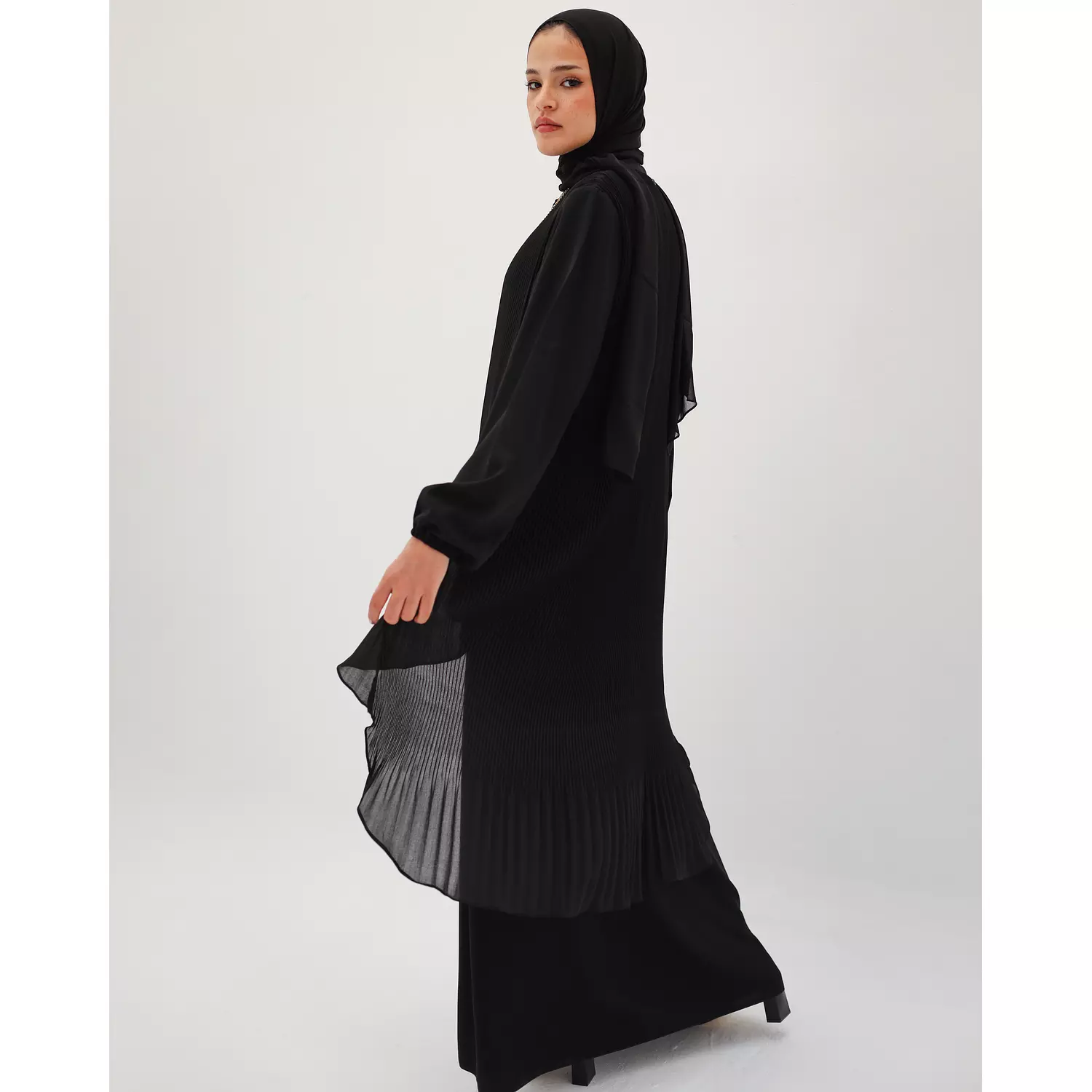 Pleated Chiffon High Low Abaya 1