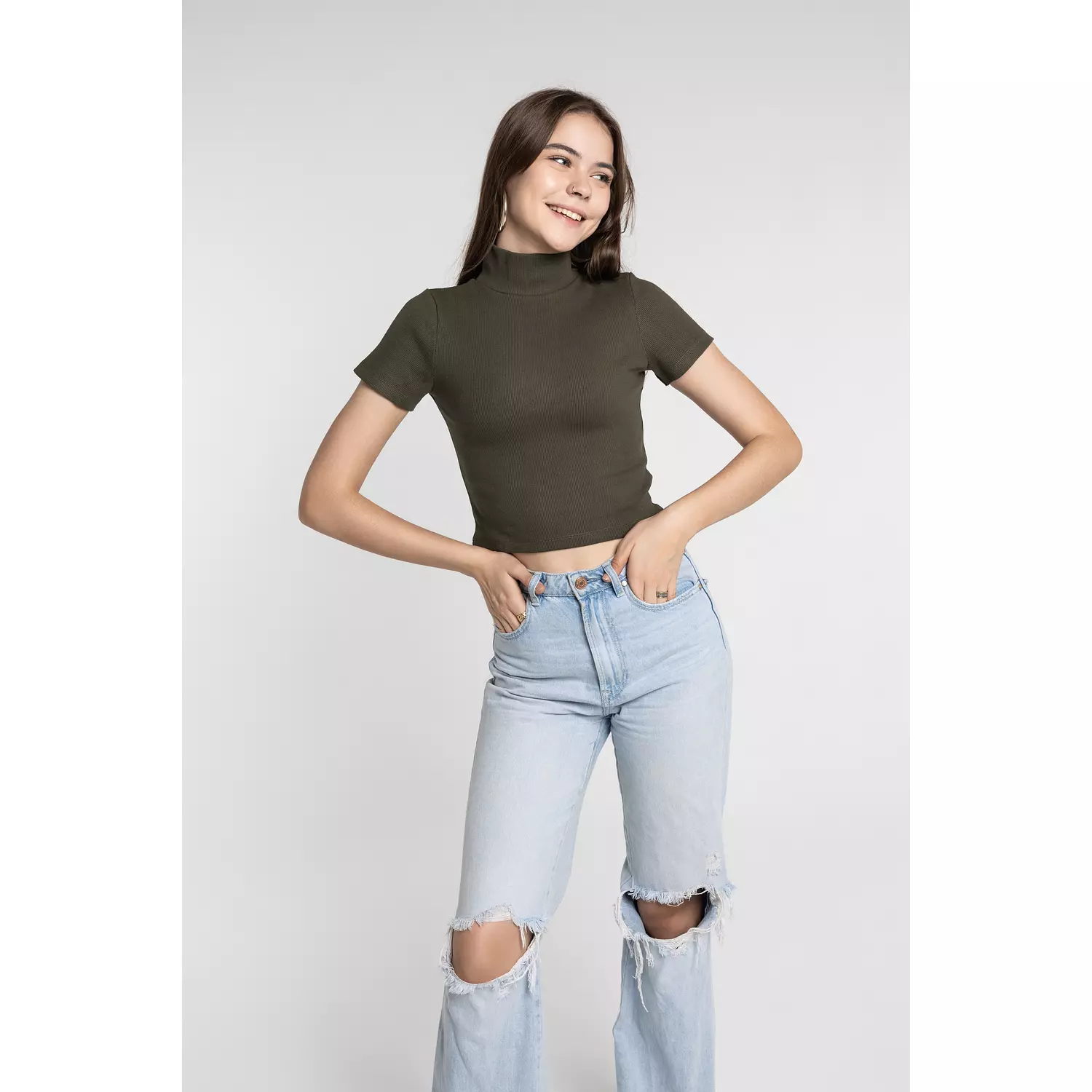 High-Neck Short Sleeves Basic Top   hover image