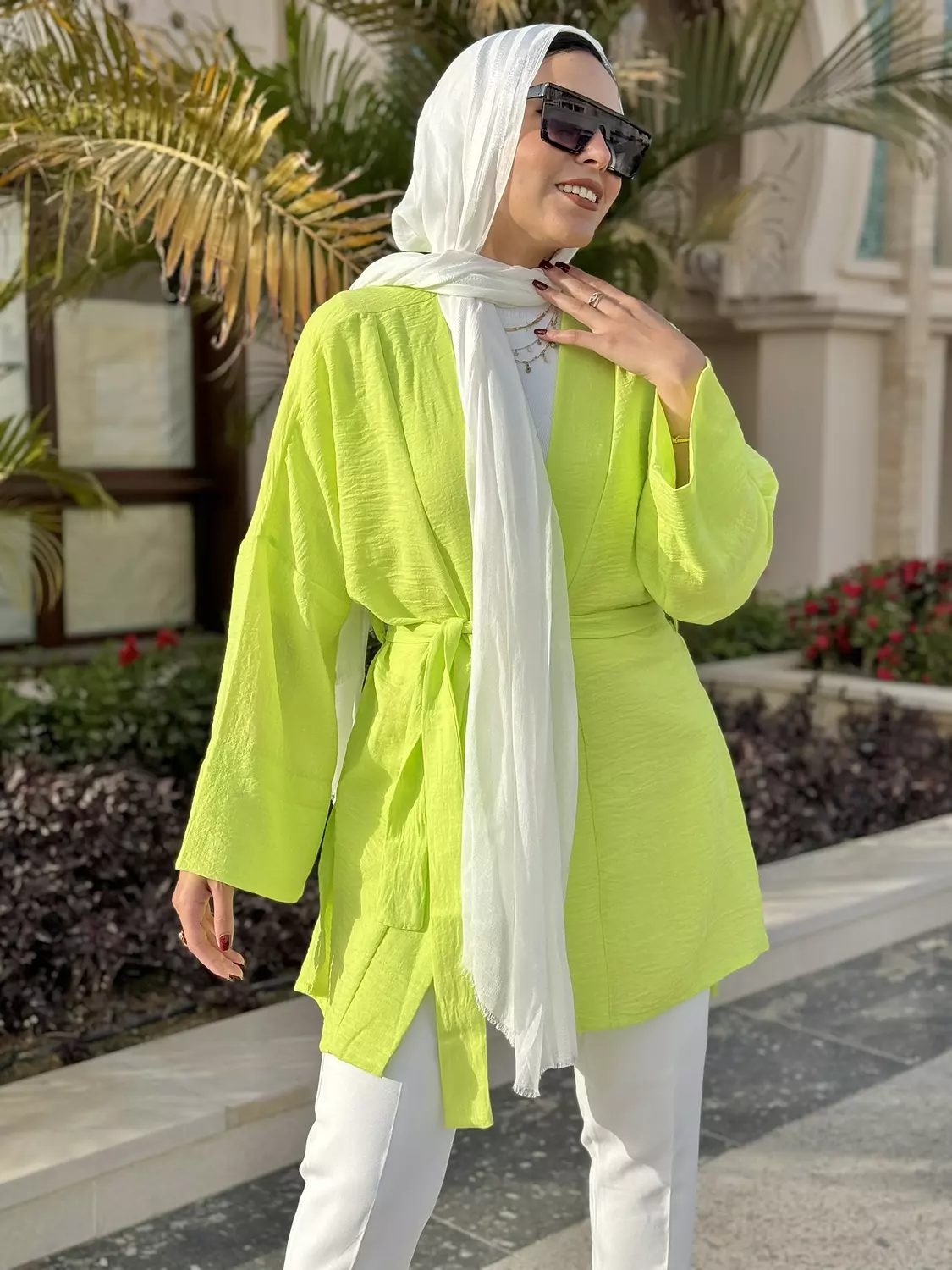 lime green linen cardigan hover image