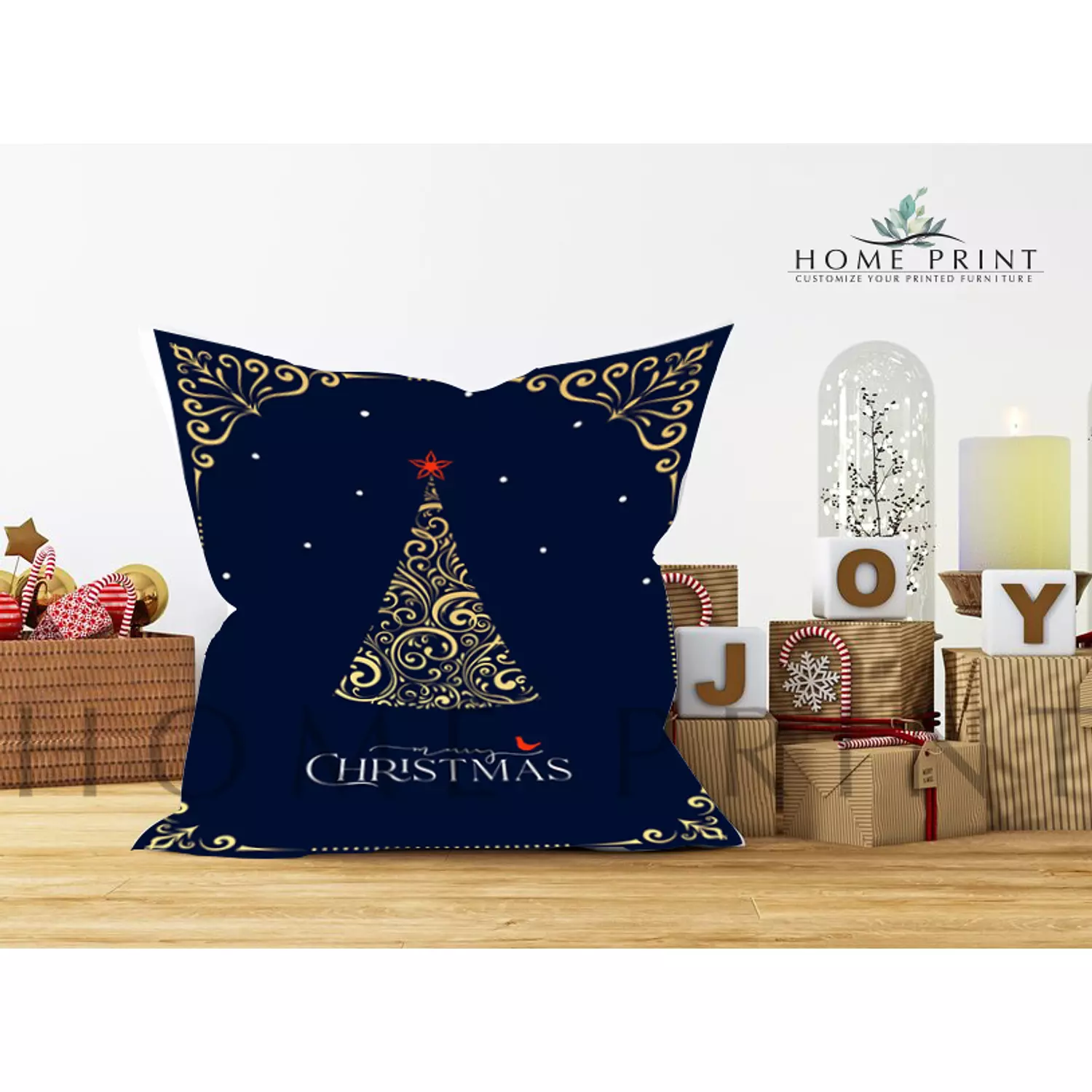 Golden Christmas tree with Navy background cushion hover image