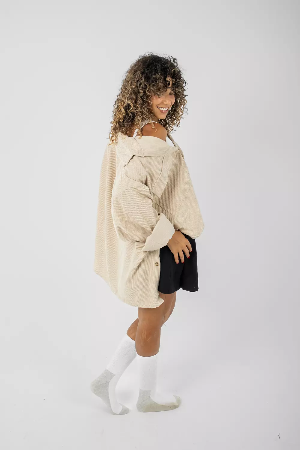 Oversized Striped Velvet Shirt in Beige  hover image