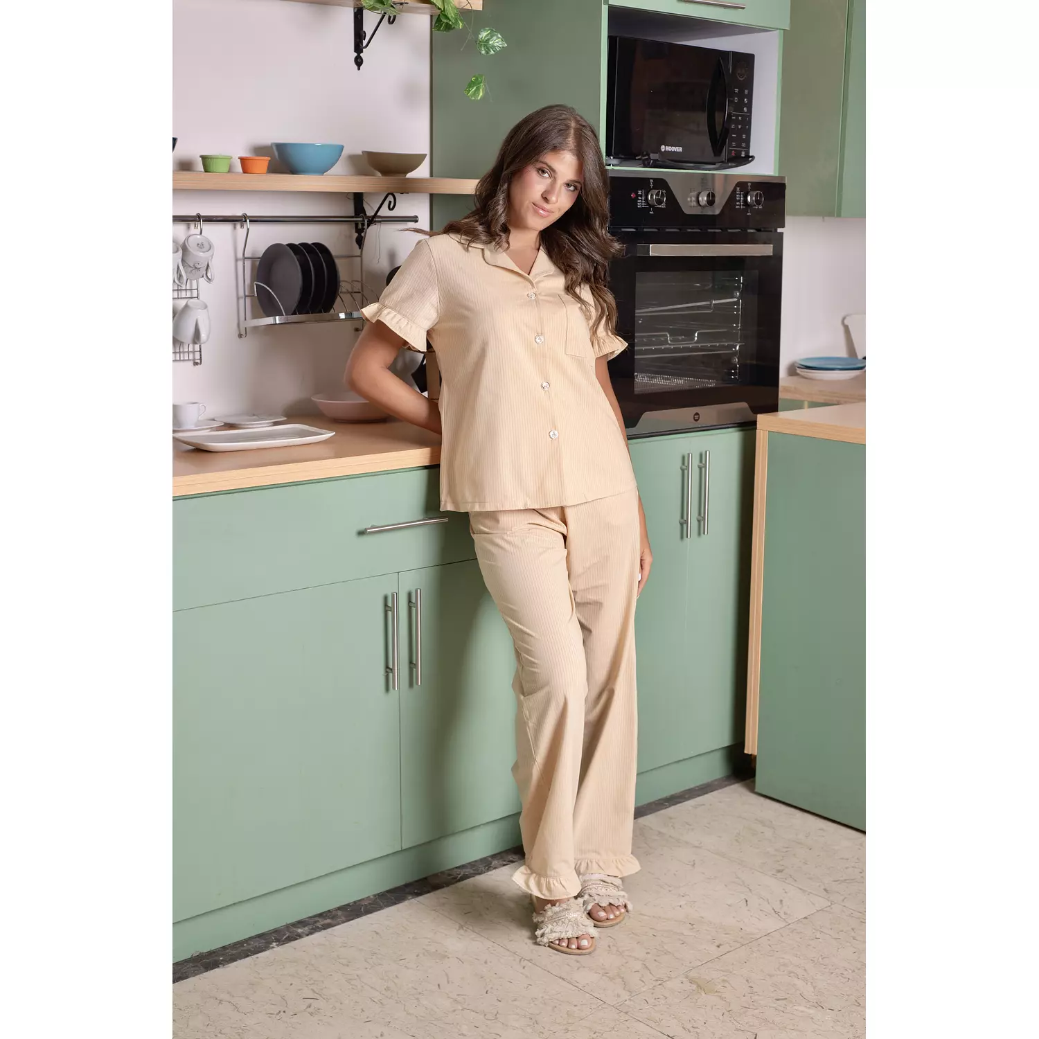 Boutique Beige Ruffled Cotton Pajamas-2nd-img