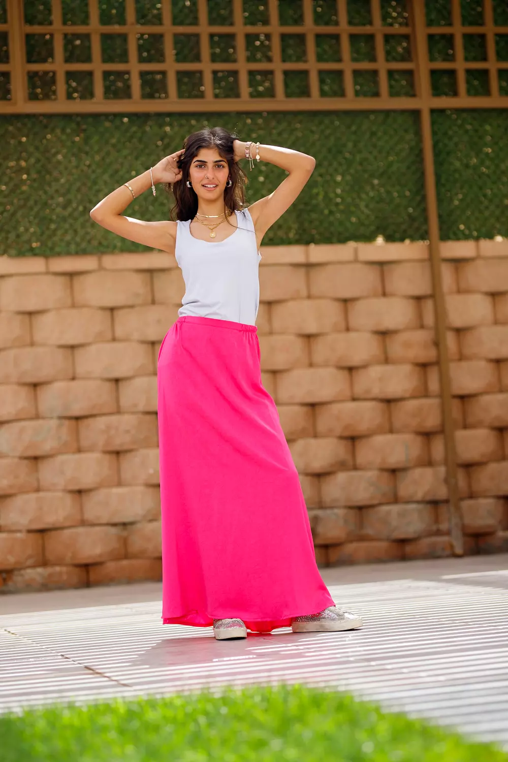 Pink maxi satin skirt  hover image