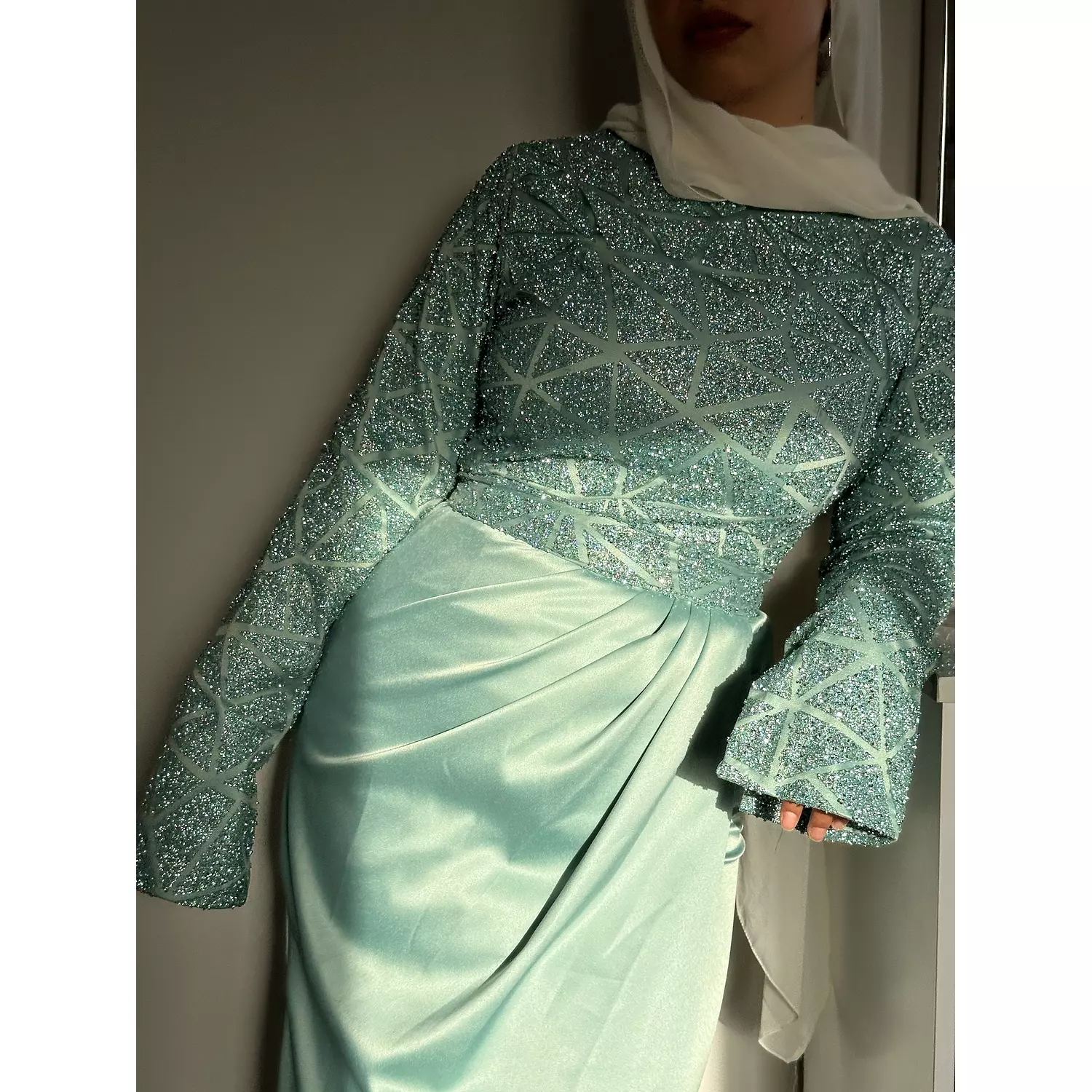 Satin dress with embroidered top in Mint green 1