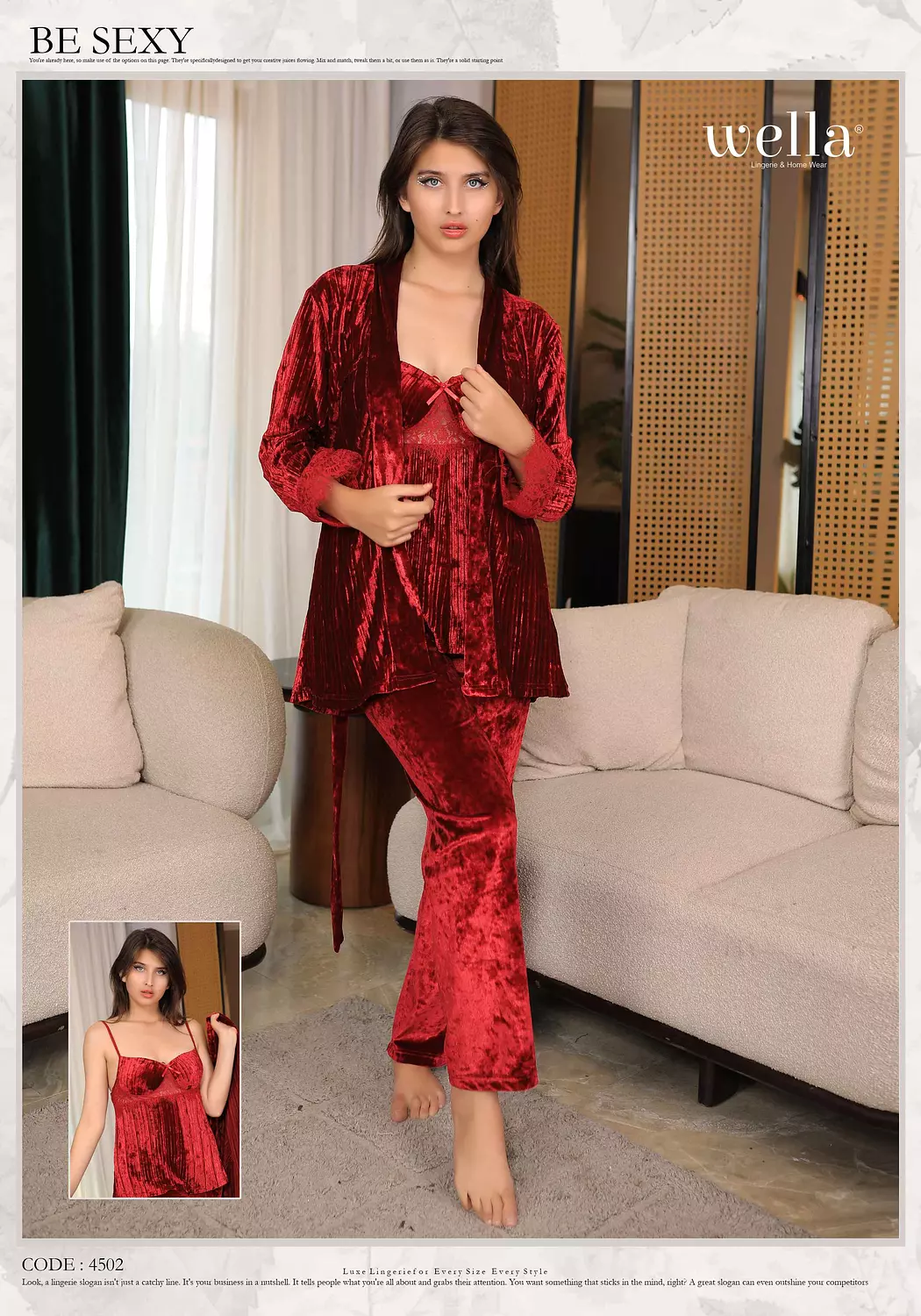 Luxurious 3-piece velvet pajama set in maroon hover image