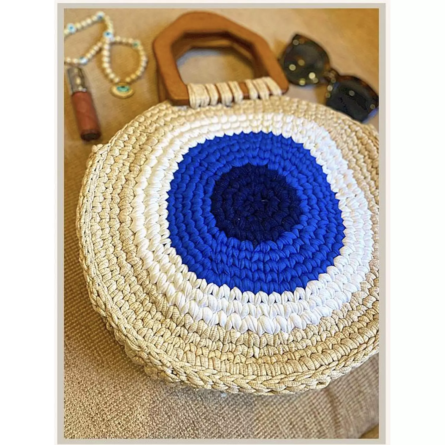 Round Turkish Eye crochet Handbag wood handles (by order) 4