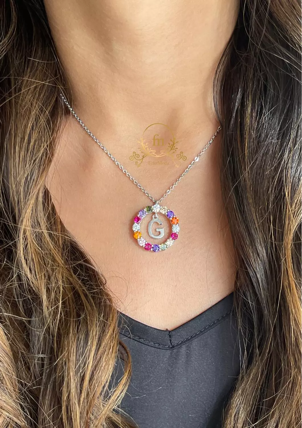 Letter G silver necklace with colorful stones hover image