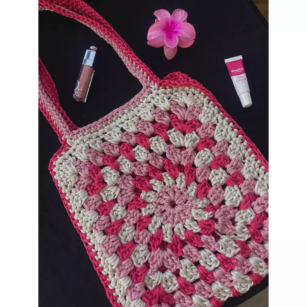 Pink granny square crochet tote bag  