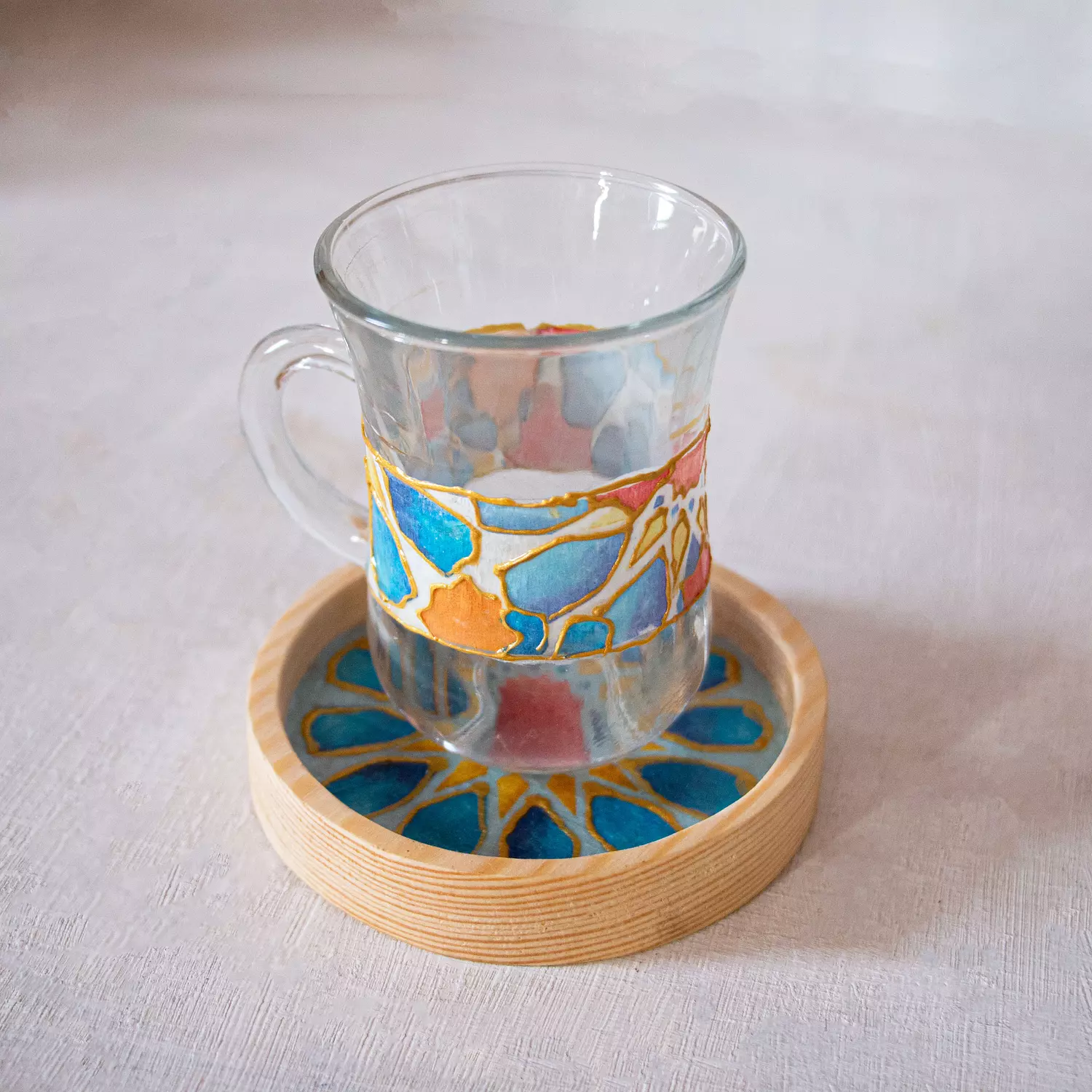 Blue Islamic Stars Glass Cup Wooden Coaster-per piece 1