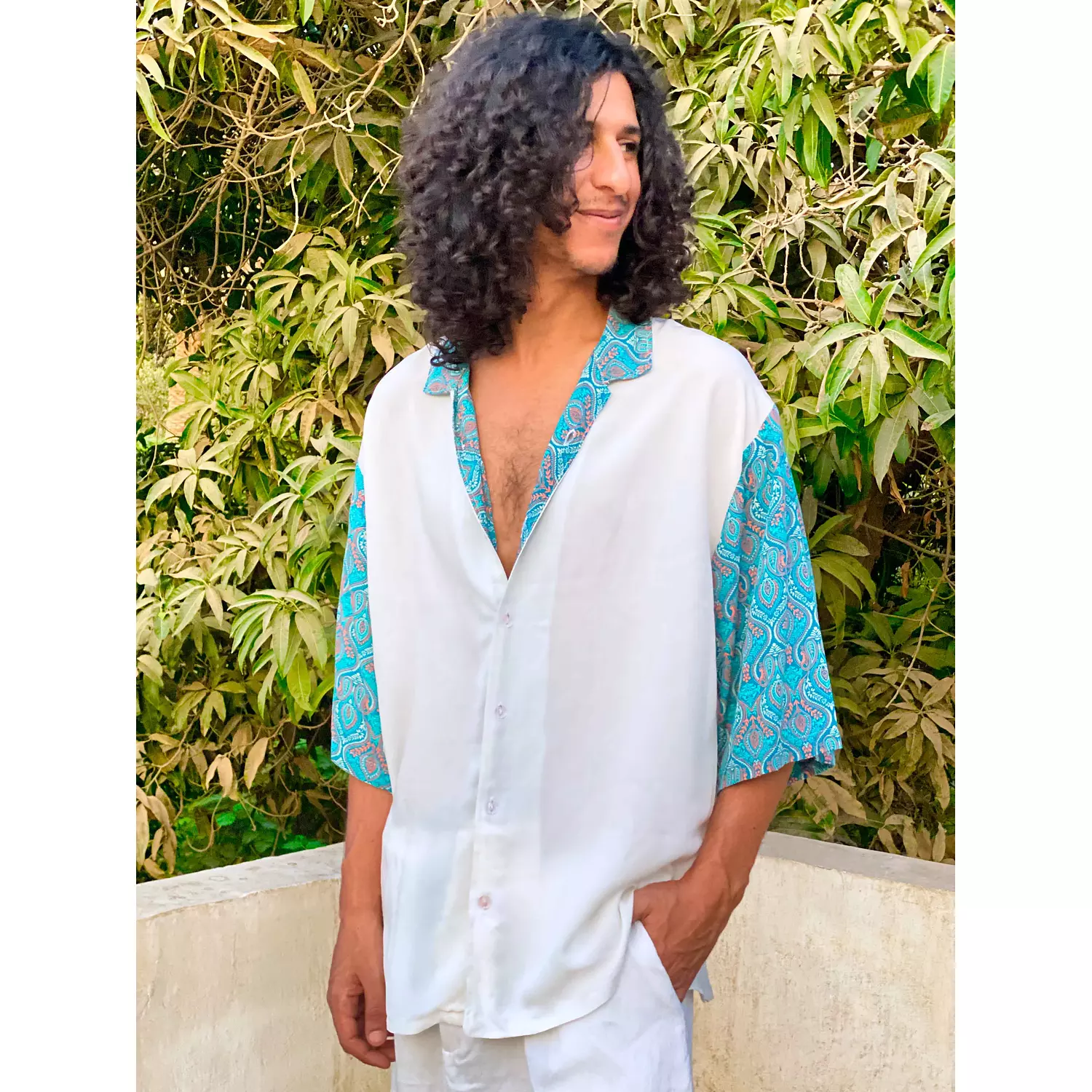 Loosefit White Viscose Shirt w/Blue Pattern Sleeves hover image