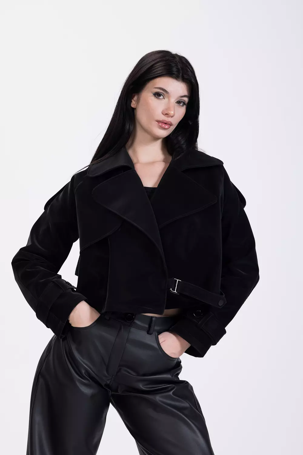 Noir Short Leather Jacket hover image