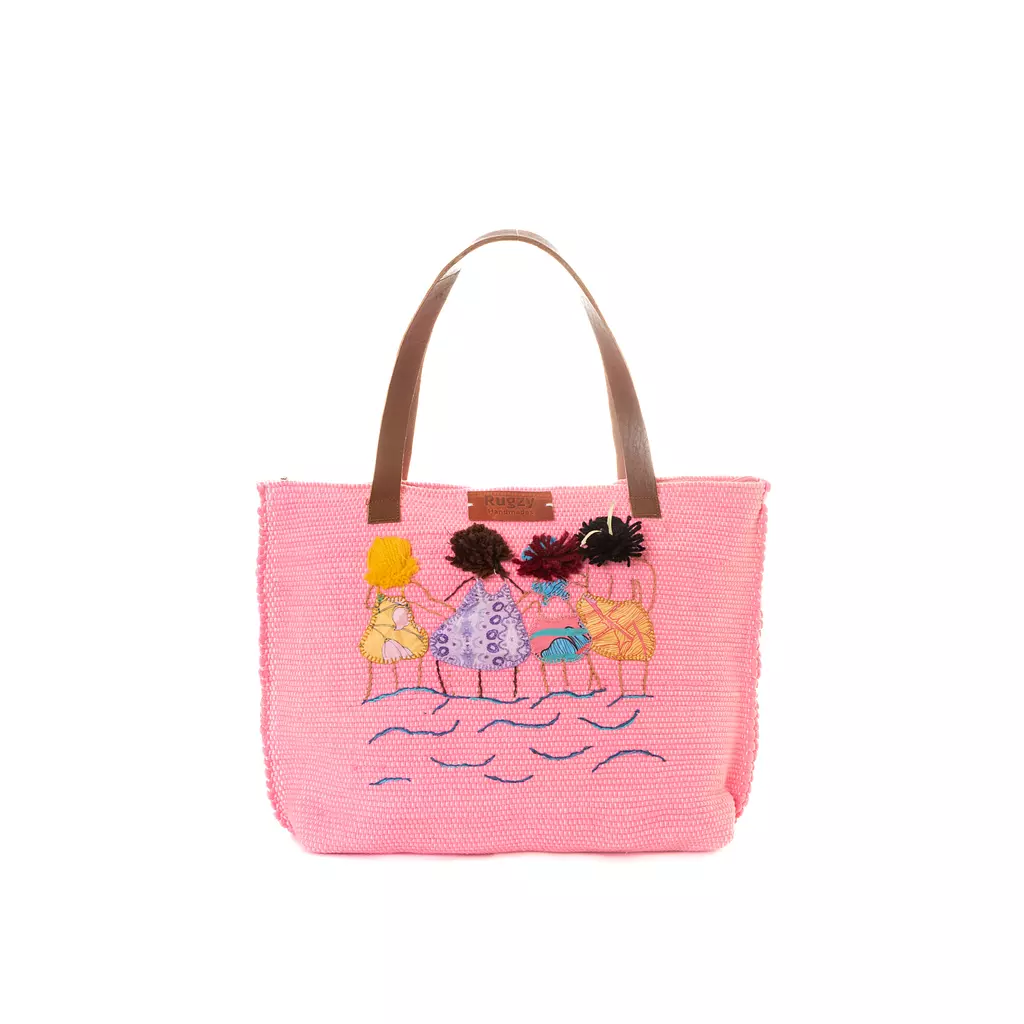 Pink Kilim Tote Bag with Patchwork “Ladies by the Sea” Design