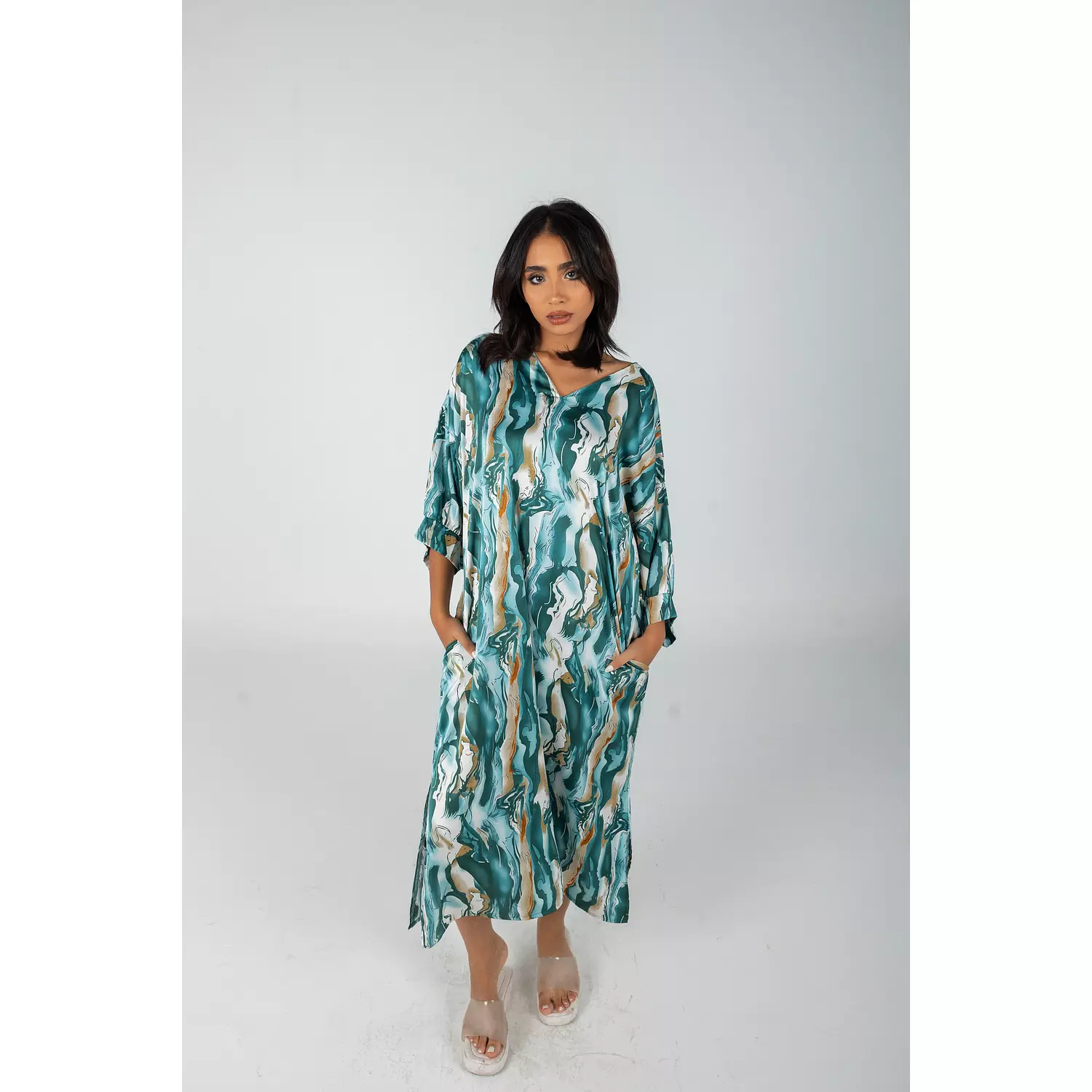 Dark Green Printed Satin Summer Dress 0