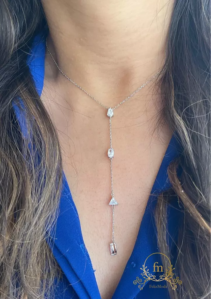 Long chain zircon stones silver necklace