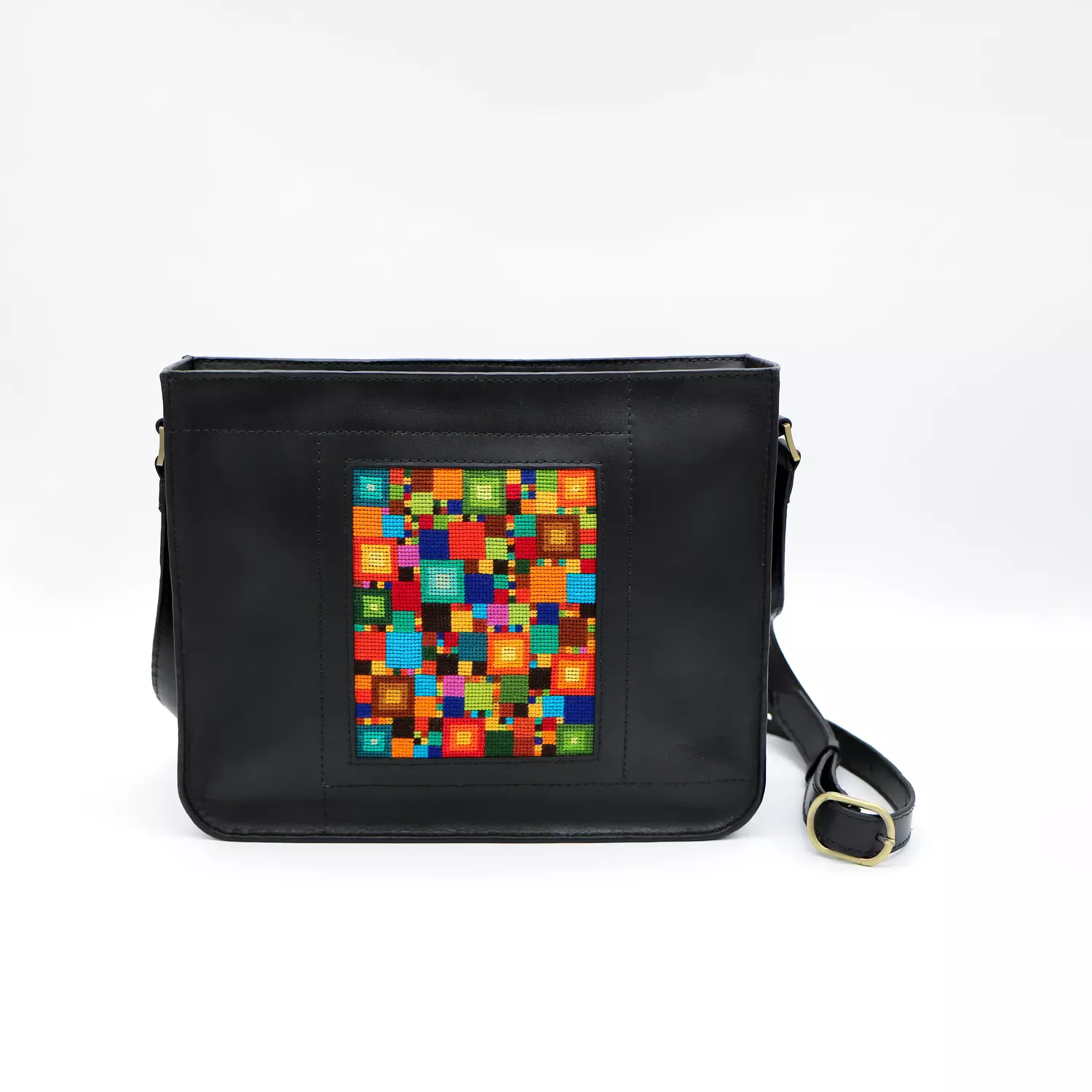 Genuine leather bag with colorful Cross-stitching. 0