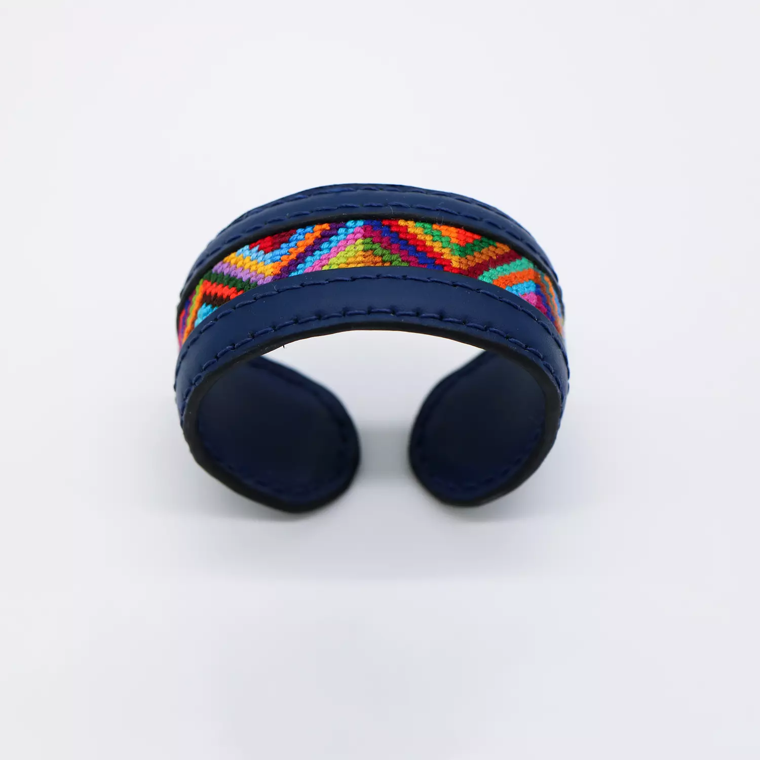 Dark blue genuine leather cuff with colorful Cross-stitching hover image