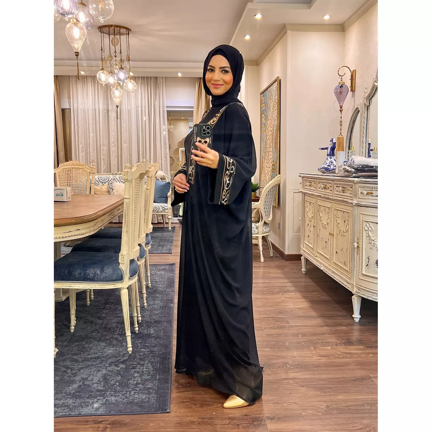 Chiffon Abaya with Arabic Embroidery - Black  4