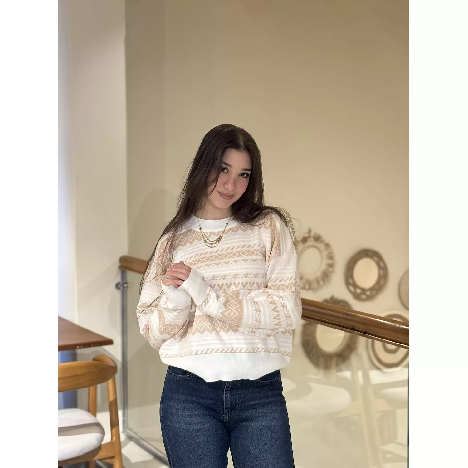 Beige Patterned Knit Sweater 2